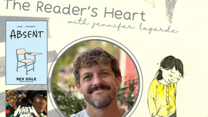 Promotional graphic for The Reader’s Heart with Jennifer LaGarde, Season 3, Episode 5, featuring guest Rex Ogle. The design includes a circular portrait of Rex Ogle smiling outdoors, the covers of Absent and When We Ride, and an illustration of a child in a yellow shirt. The podcast title appears prominently across the center, with the guest’s name in a yellow banner at the top.