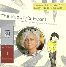 Promotional graphic for Season 3, Episode 012 of The Reader’s Heart podcast with Jennifer LaGarde, featuring guest Kate DiCamillo. The cream-colored background features textured gray sunburst rays. A circular portrait shows DiCamillo with short, curly white hair, glasses resting on her head, and dangling earrings. To the left are two images: a gray Norton placeholder announcing “Cover to be Revealed” for an upcoming book, and the deep red cover of The Miraculous Journey of Edward Tulane, written by DiCamillo and illustrated by Bagram Ibatoulline, featuring a small gold silhouette of a rabbit. To the right, a hand-drawn illustration depicts a child in a bright yellow shirt, standing with hands in pockets and head tilted downward. A yellow banner at the top identifies the episode and guest.