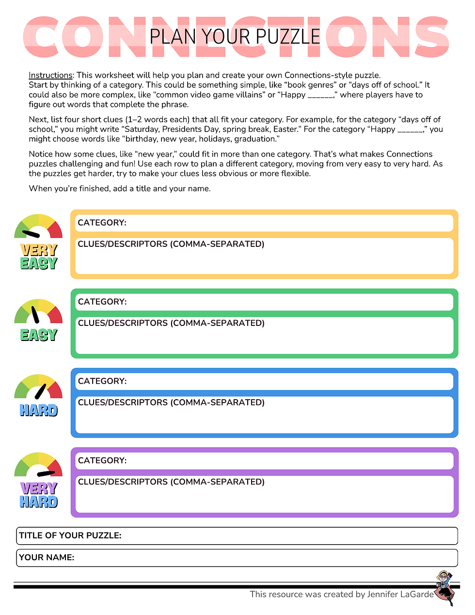 Puzzle planning worksheet with sections for categories and clues, ranging from very easy to very hard. Colorful, with instructional text.