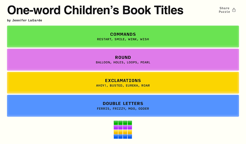 Four colored bars list one-word children's book title themes: Commands (green), Round (pink), Exclamations (yellow), Double Letters (blue).