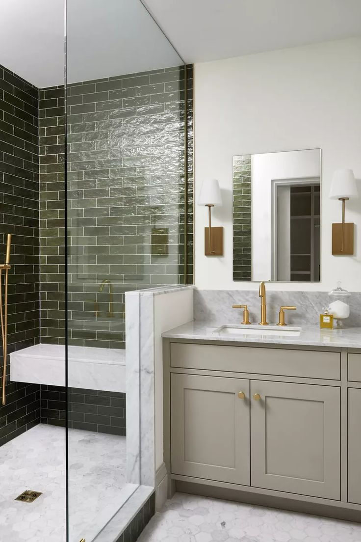 Renovated modern shower green subway tile