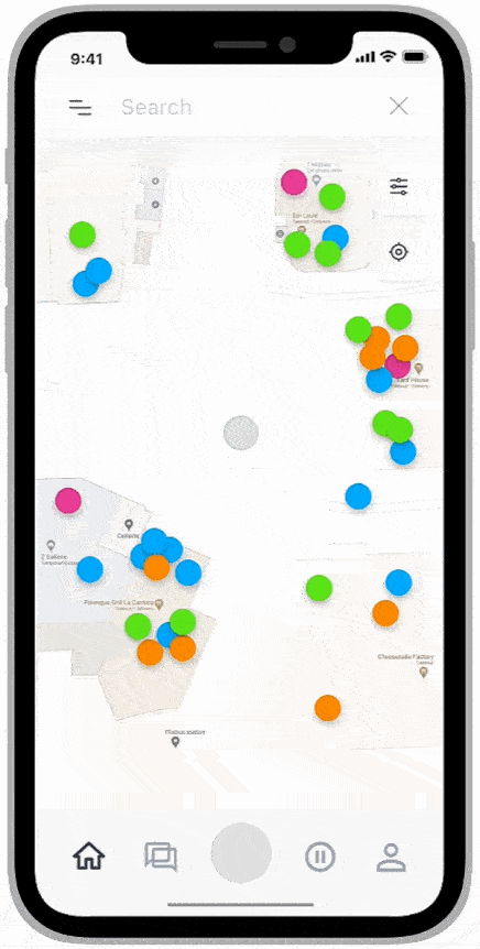 Select the color mode you want to broadcast yourself in. Gray / X turns off your broadcasting. Don’t worry, your broadcast will turn off automatically after a certain amount of inactivity. You will be searchable on the Google map. Find people on the Google map.