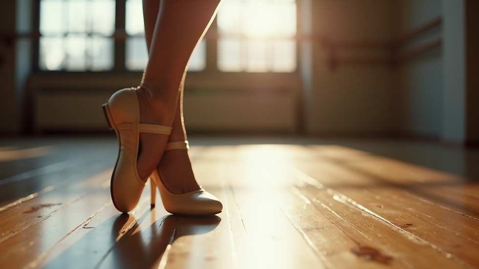 Close-up view of a pair of dance shoes on a wooden floor in a dance studio