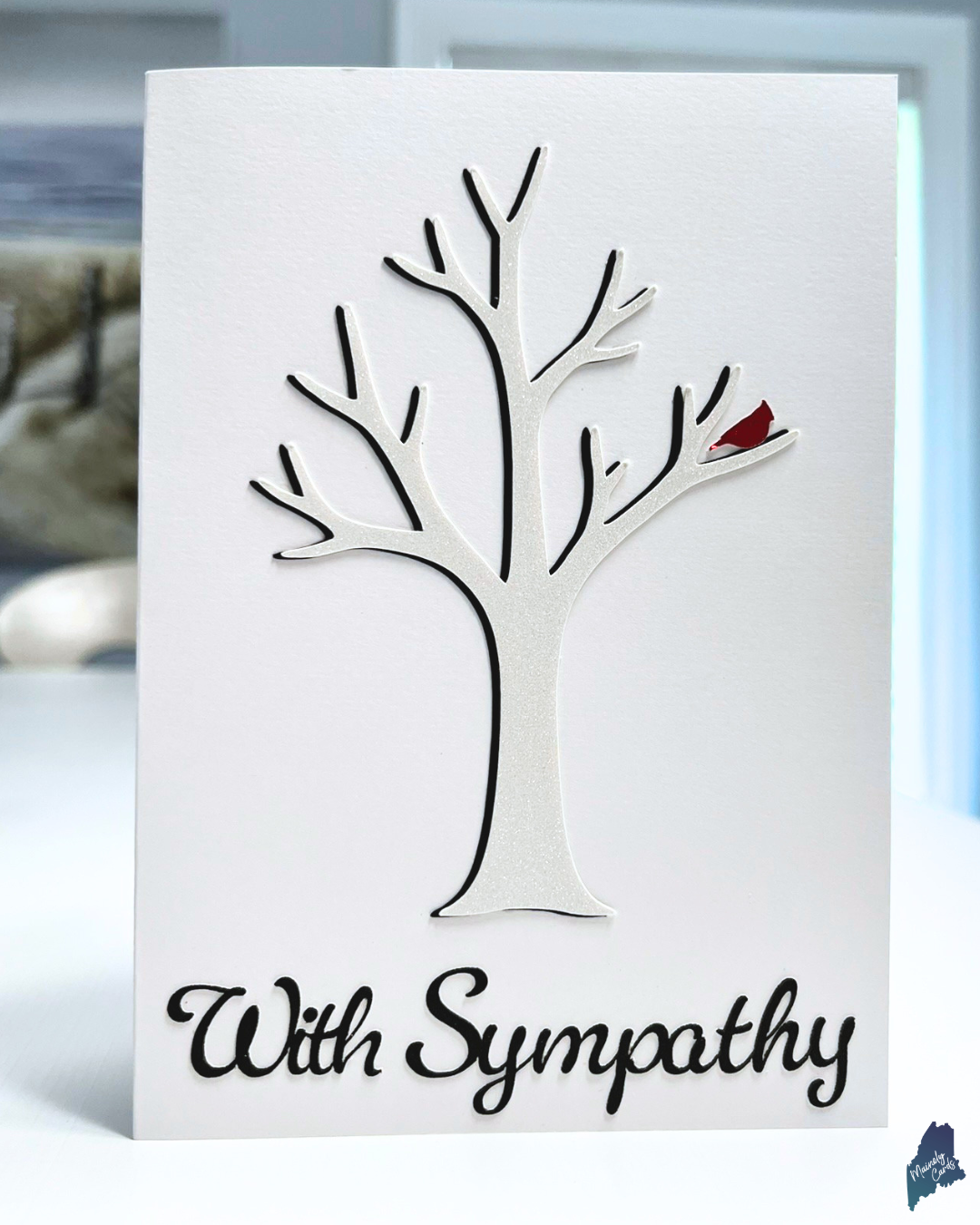 Handcrafted White Tree with Red Cardinal sympathy card with a layered white tree and red cardinal.