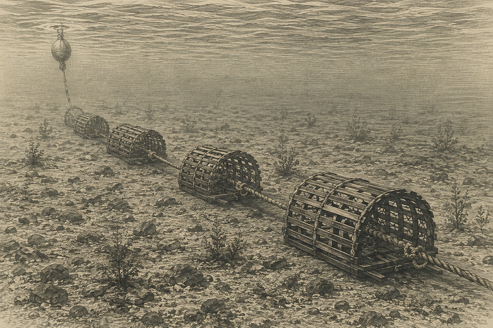 Historical AI interpretation of wooden lath lobster pots connected along a single line on the ocean floor, demonstrating the trawl method used by Maine lobster fishermen in the 19th century.