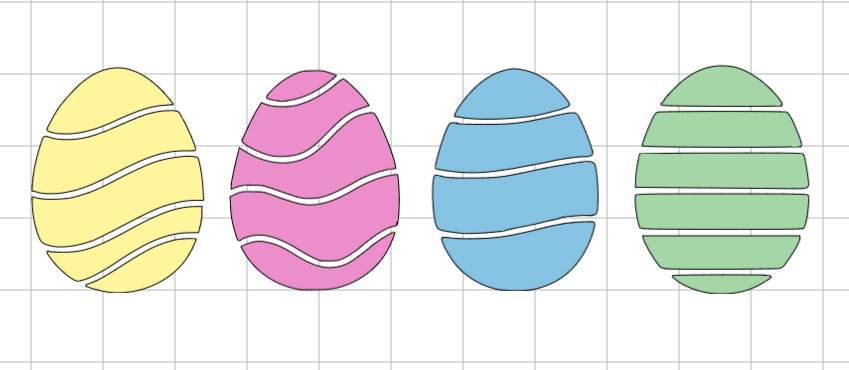 Four layered Easter egg paper designs in yellow, pink, blue, and green, each with unique stripe patterns on a grid background.