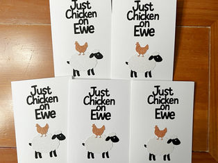 Five “Just Chicken on Ewe” pun greeting cards with glitter sheep and chicken design