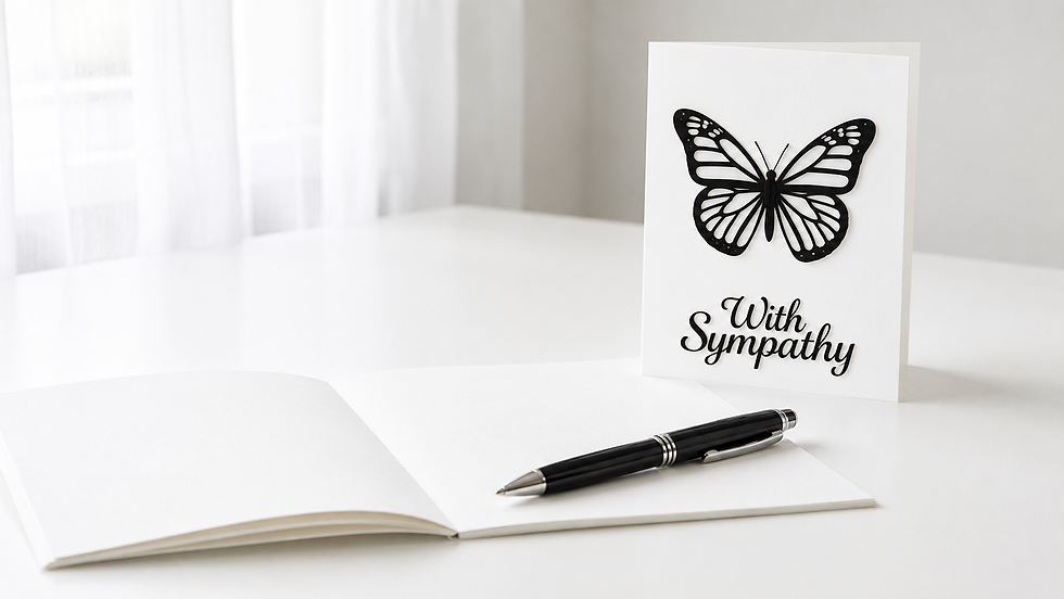 Black and white butterfly sympathy card standing beside an open blank greeting card and pen.