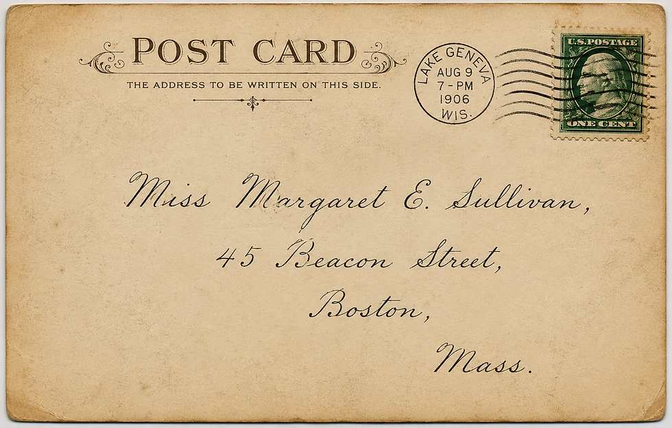 AI-generated illustration of the address side of a pre-1907 postcard with a mailing address, postmark, and stamp before the divided-back postcard.