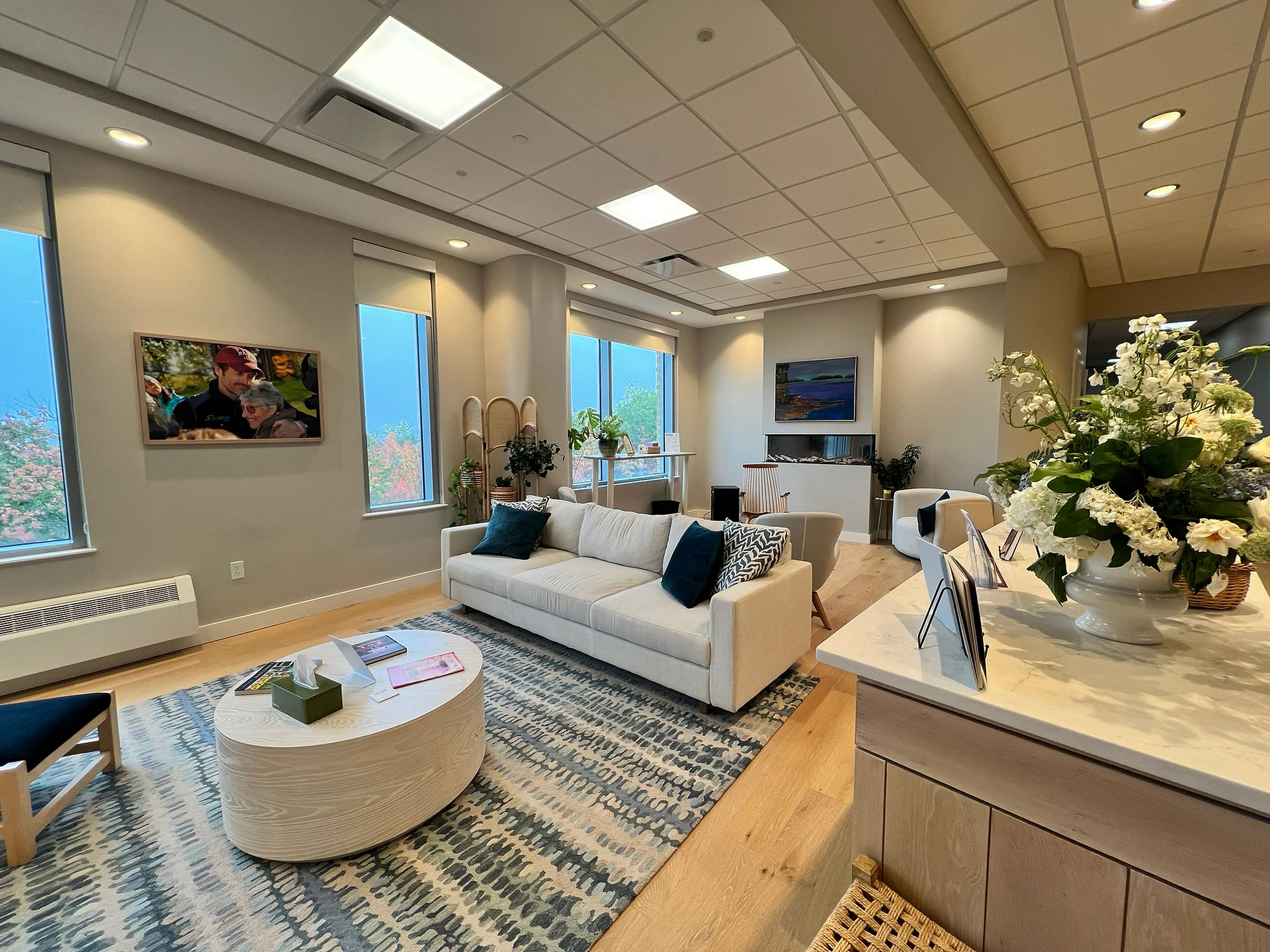 Interior gathering area at the Dempsey Center in Westbrook, Maine, during a Wicked Good Cards delivery.