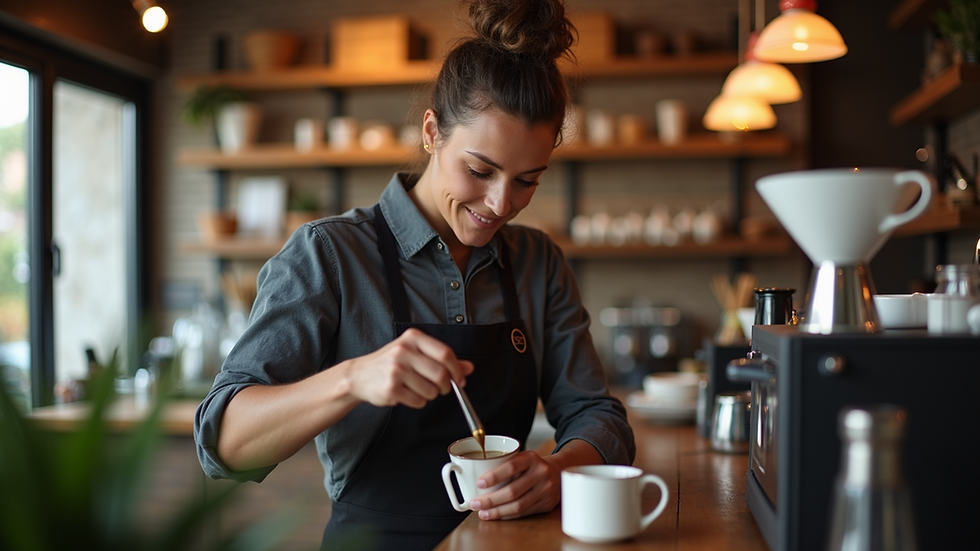 Eye-level view of a barista demonstrating coffee brewing techniques