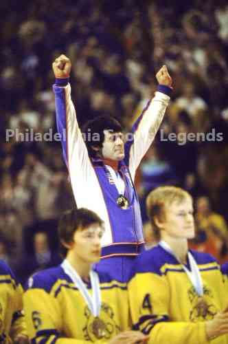 Mike Eruzione USA Olympic Hockey Miracle on Ice Gold Medal Podium photo