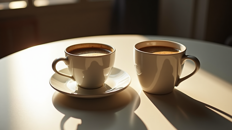 High angle view of two separate coffee cups on a table symbolizing separation