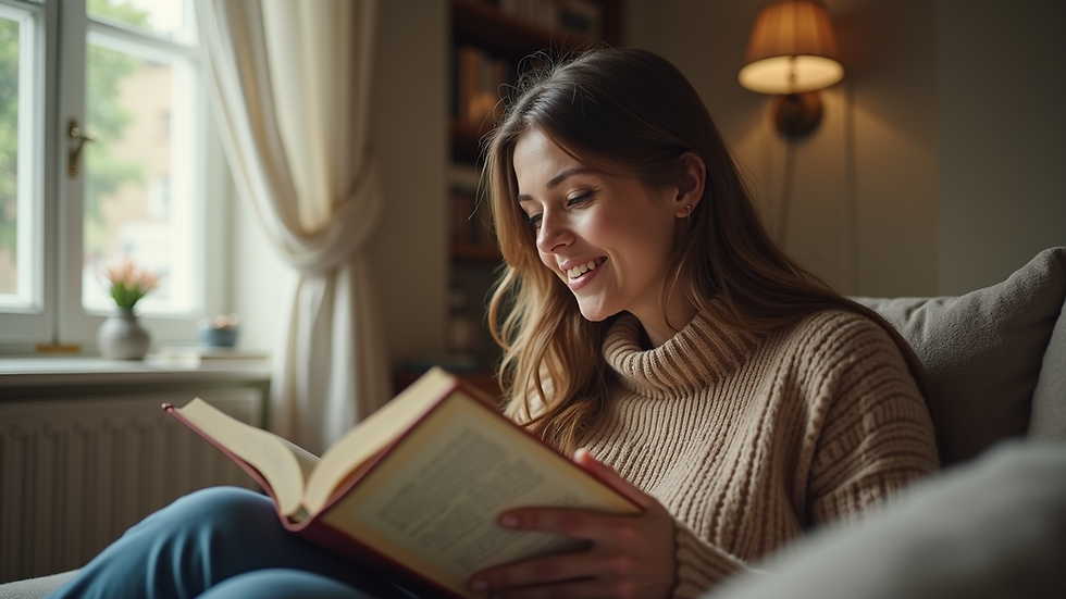 Eye-level view of a woman reading a self-help book in a cozy room