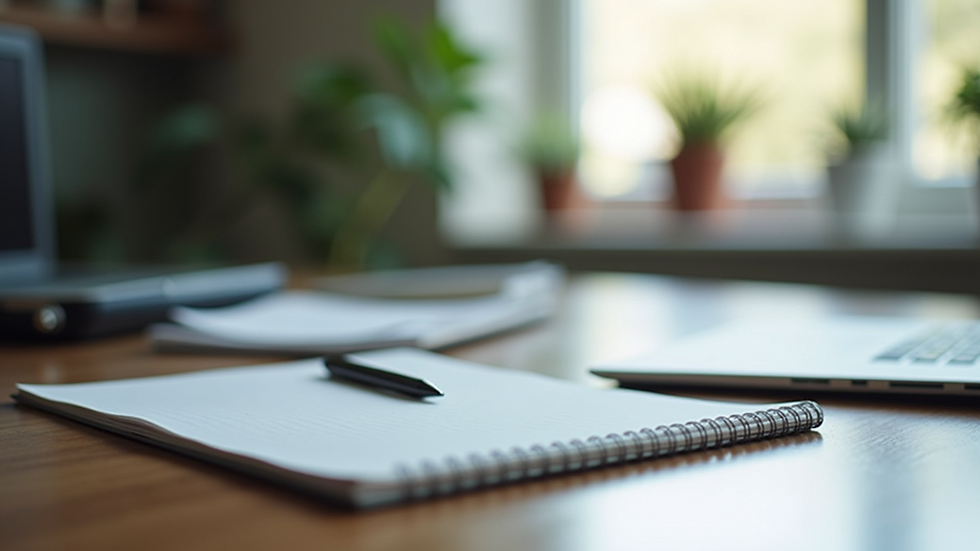 Eye-level view of a calm office desk with a notebook and pen