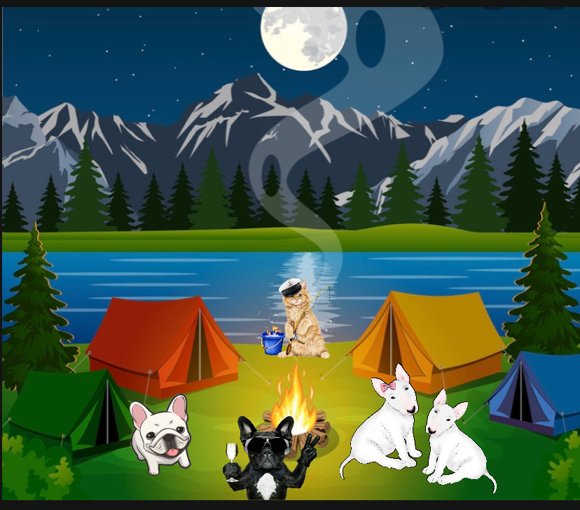 Campfire Pet Spaw - Dogs hanging out at campsite around a campfire with a cat trying to fish.