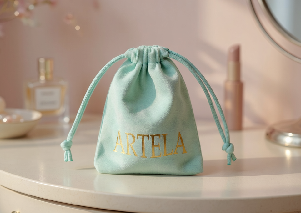 פאוץ' בד בצבע טורקיז עם לוגו ARTELA על משטח איפור