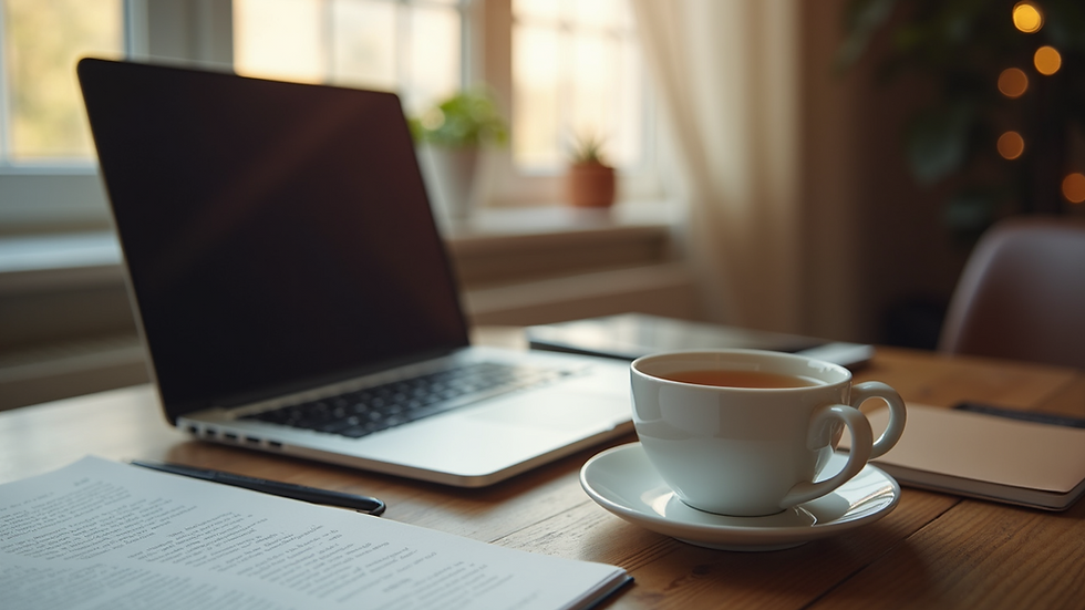 Eye-level view of a cozy home office setup with a laptop and a cup of tea