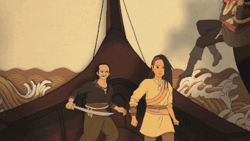 Red Kat Morgan and Mia take down pirates in Mia and the Dragon Princess, flashback animated sequence.