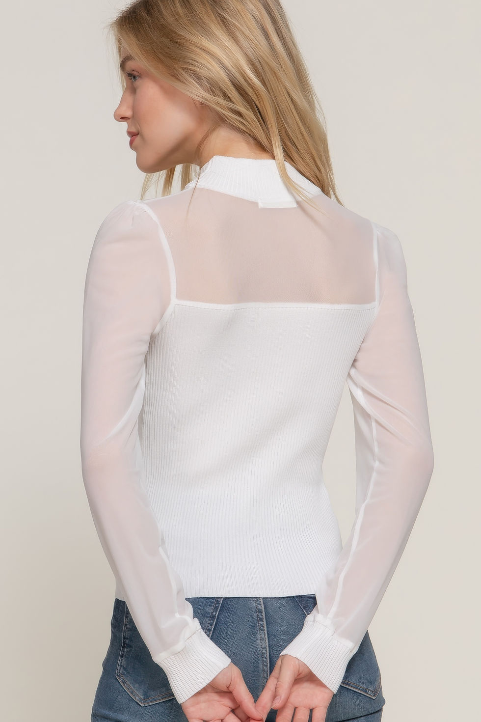 Thumbnail: Long Slv Mesh Panel Detail Sweater Top      