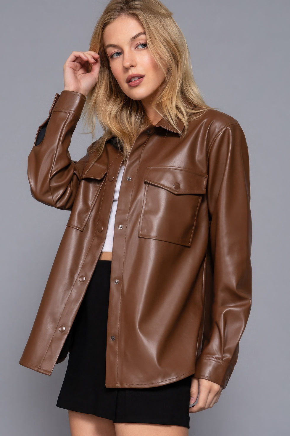 Thumbnail: Long Slv Faux Leather Shacket