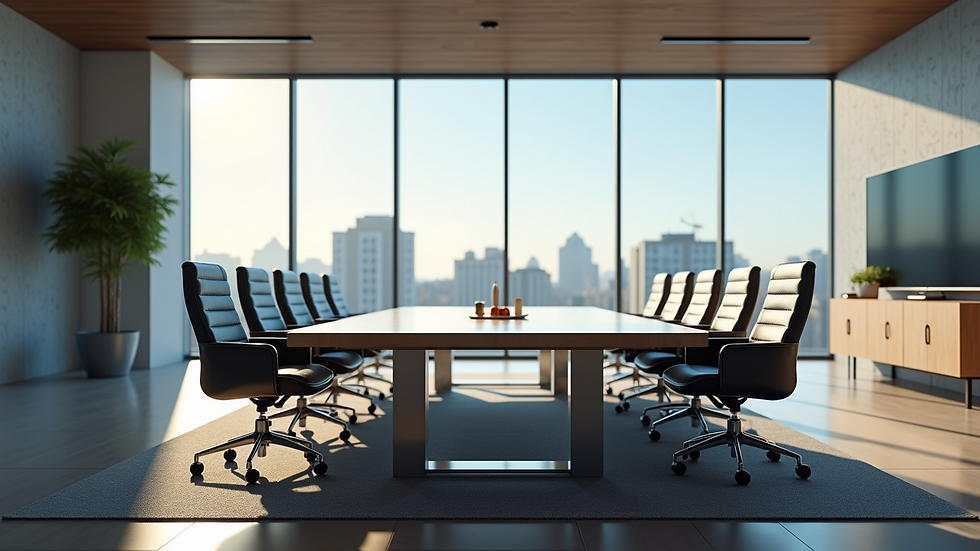 Eye-level view of a modern office space with a large conference table