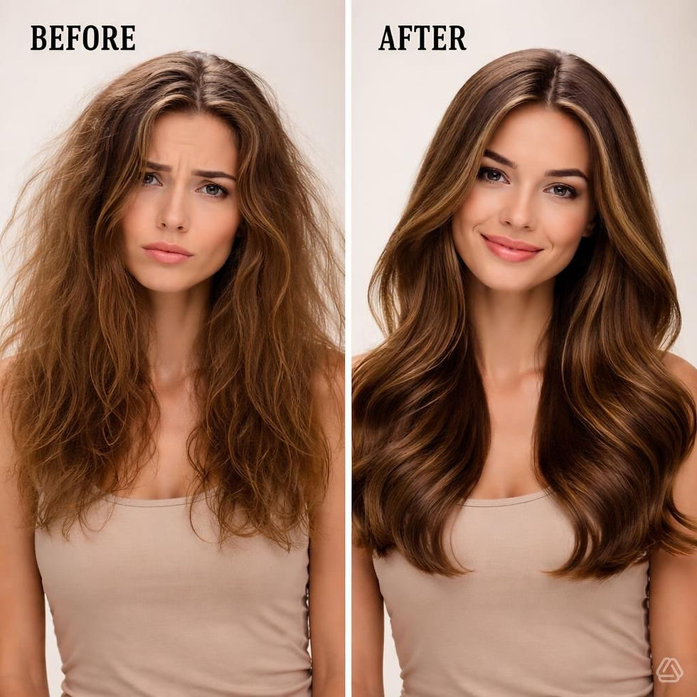 Before-and-after portrait of a woman with frizzy hair on left and smooth styled waves on right, labeled BEFORE and AFTER.