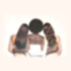 Three young ladies with their backs facing embracing each other. One with straight long hair, one with an afro, and one with long wavy hair.