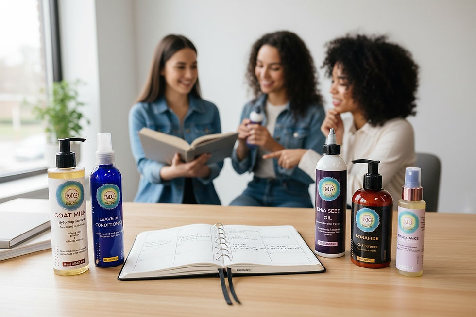 Three women discuss MG Studio hair care products at a table with labeled bottles and an open planner in a bright, casual room.