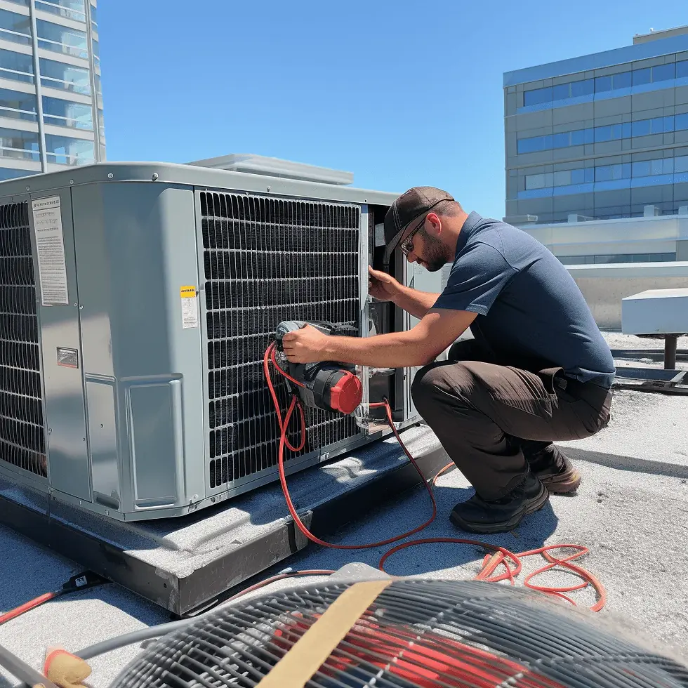 HVAC professional repairing rooftop AC unit for commercial building in Austin.