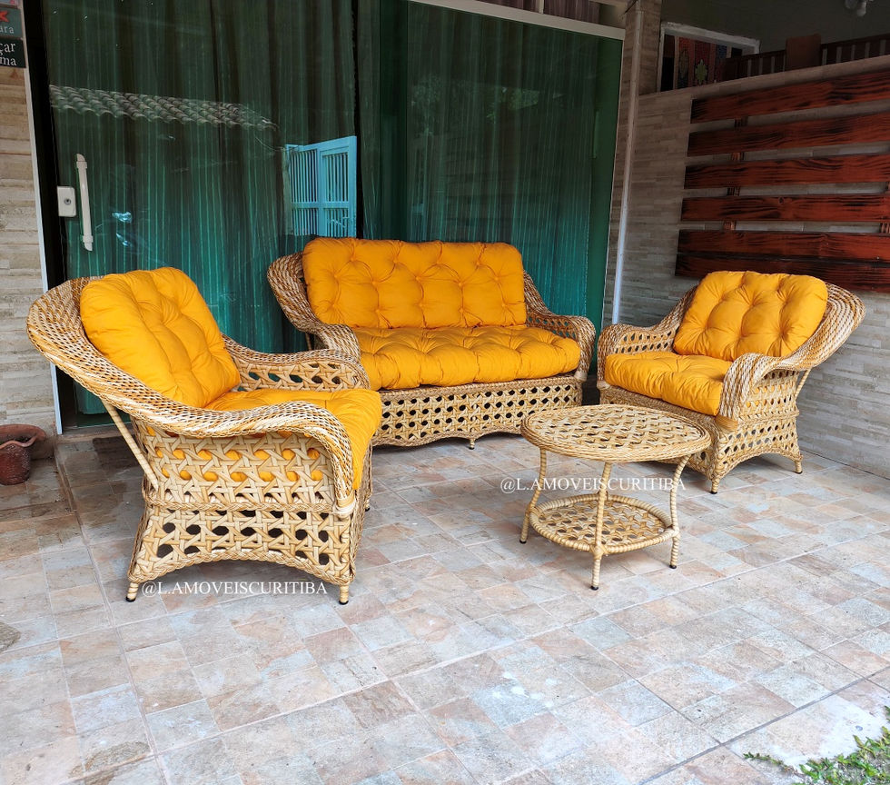 Conjunto Sofá e poltrona em fibra sintética para sacada, varanda, jardim e área externa.

móveis para área externa