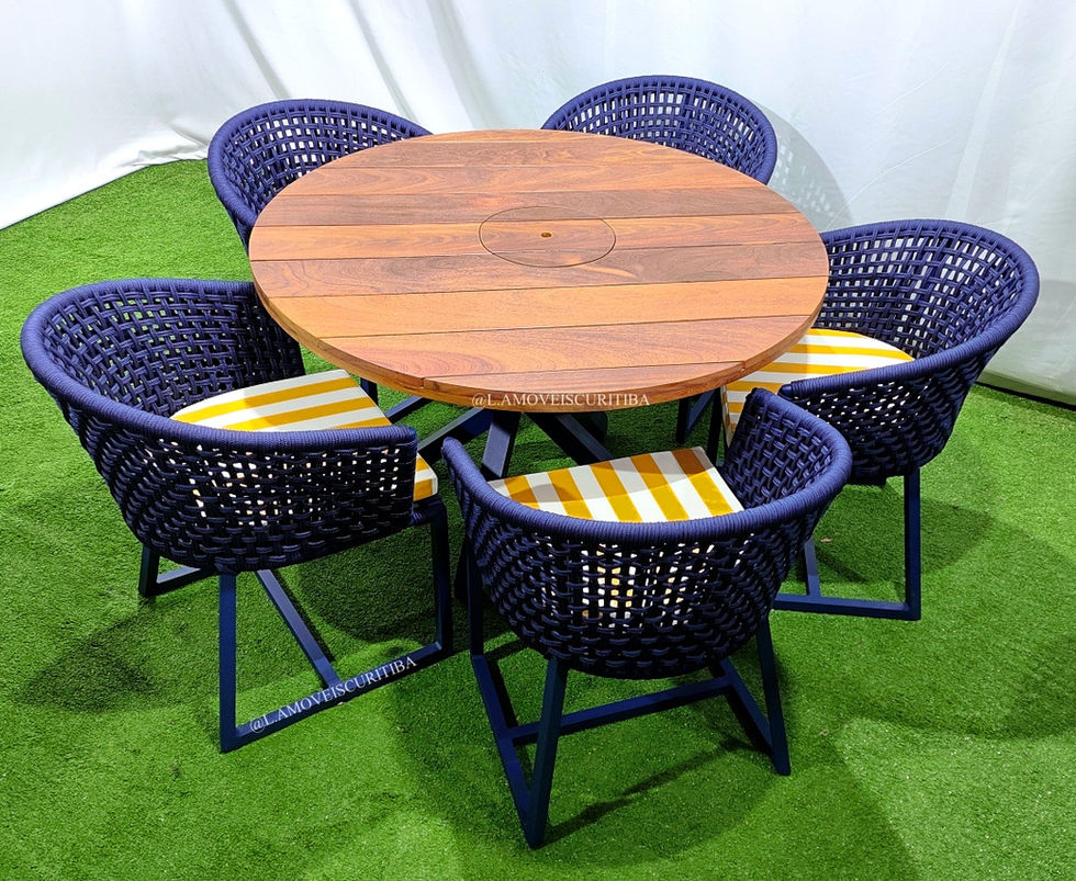 Mesa e cadeira em alumínio e corda náutica com tampo em alumínio ou madeira nobre para varanda, sacada, ou área externa
móveis para área externa