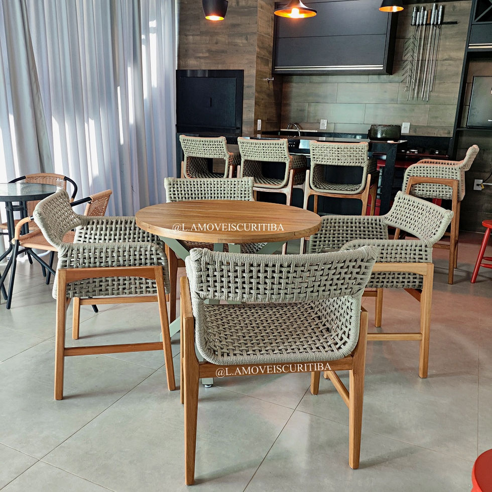 Cadeira em alumínio e corda náutica, com pés em madeira para área gourmet, sacada, varanda, sala de jantar e área externa
móveis para área externa