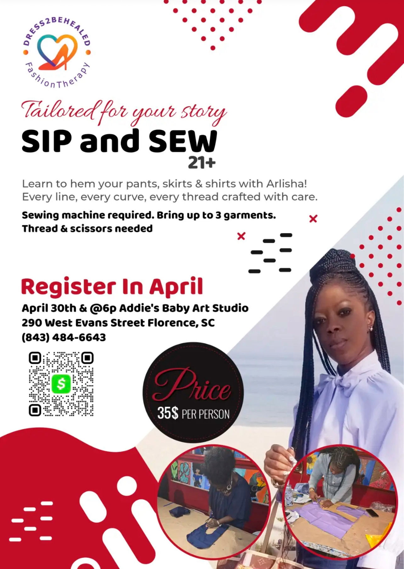 Thursday, April 30th @6pm SIP & SEW W/ Arlisha