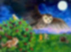 Painting of an owl over a sunset and berry bush.