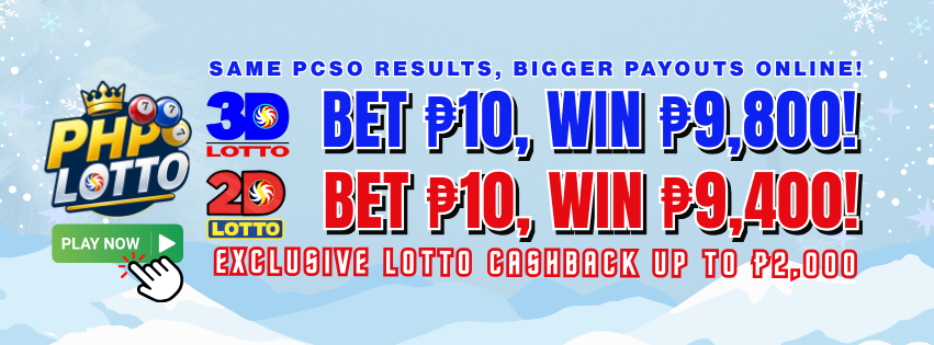 PHP Lotto ad with blue background, snowflakes, and play button. Promotes bets of ₱10 with winnings up to ₱9,800 and cashback offers.