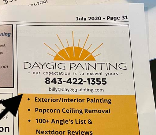 Ad for Daygig Painting featuring services like popcorn ceiling removal. Includes contact info and sun logo. Page titled July 2020 - Page 31.