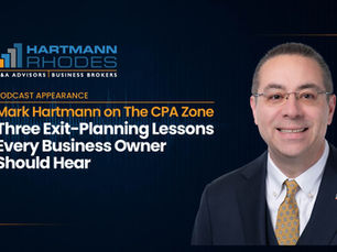 Podcast promo with smiling man in suit; Hartmann Rhodes logo and text on exit-planning lessons for business owners on dark blue background