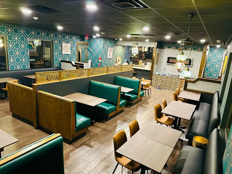 Interior dining room at Masala Mantra on Hilton Head, with teal booths, patterned walls, and softly lit tables