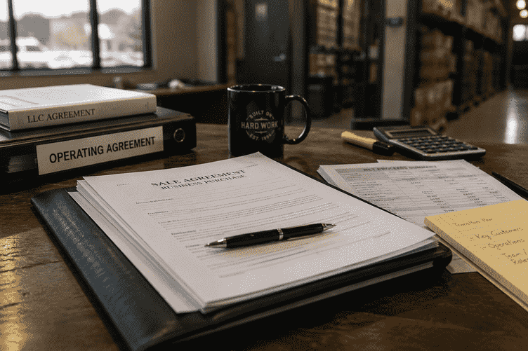 Business sale documents and financial papers sit on a wooden desk in a warehouse office.