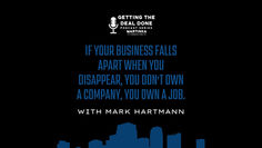 Black podcast poster with blue skyline and mic logo; text reads If your business falls apart... with Mark Hartmann.