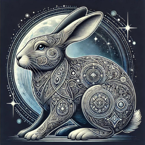 Ilustração simbólica do Coelho, animal totem da 12ª Lua do Sincronário das 13 Luas – Lua Cristal da Cooperação. A imagem mostra um coelho místico sob a luz da lua cheia, com padrões sagrados em seu corpo, representando escuta sensível, delicadeza, fertilidade e conexão genuína. Arte inspirada na Lei do Tempo, ideal para conteúdos sobre os animais totens, os ciclos lunares e a medicina espiritual do coelho.