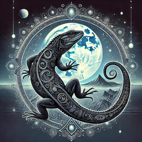 Lagarto sob a luz da lua cheia, símbolo da 6ª Lua – Lua Rítmica do Lagarto no Sincronário das 13 Luas. Representa a sabedoria ancestral dos sonhos, regeneração, adaptação e visão do tempo. O lagarto guarda a memória do passado e do futuro, ensinando presença e flexibilidade para navegar entre dimensões com consciência.
