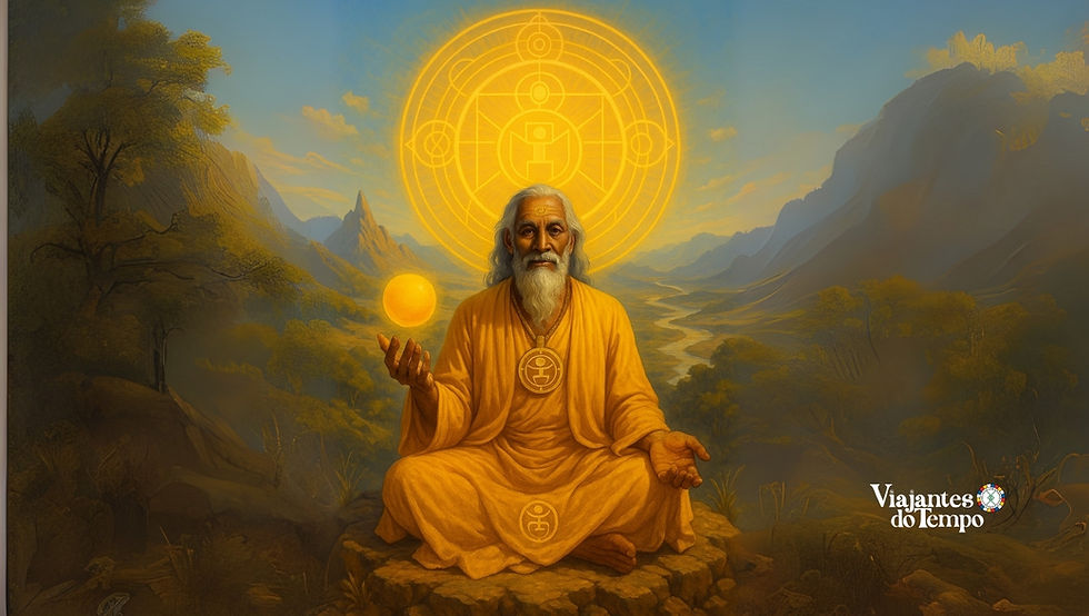 Imagem representando o arquétipo do Humano Amarelo: um mestre sábio em vestes douradas meditando diante de montanhas, com símbolos de geometria sagrada ao fundo. Ilustra os atributos de sabedoria, livre-arbítrio e influência consciente.