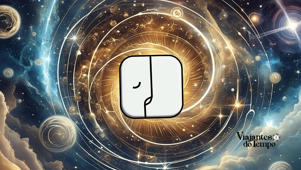 Imagem do Selo do Enlaçador de Mundos no centro de um vórtice cósmico, com espirais douradas e galáxias ao fundo, simbolizando a conexão entre dimensões. Abaixo, as palavras-chave: Essência – Oportunidade, Poder – Morte, Ação – Igualar. Logo Viajantes do Tempo.