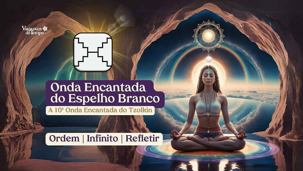 Arte representando a Onda Encantada do Espelho Branco – 10ª Onda do Tzolkin. Mulher meditando diante de um portal cósmico em forma de espelho, com símbolos de geometria sagrada, galáxia e reflexos multidimensionais. Palavras-chave Ordem, Infinito e Refletir destacadas. Visual místico e espiritual conectado à Lei do Tempo, Viajantes do Tempo e Sincronário das 13 Luas.