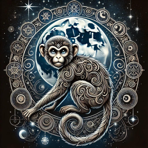 Arte do Macaco sob a luz da lua, símbolo da 7ª Lua – Lua Ressonante do Macaco no Sincronário das 13 Luas. Representa o arquétipo do ilusionista, mestre da brincadeira e da transformação. Ensina a viver com presença, leveza e consciência, revelando a magia do agora e o poder da cocriação.