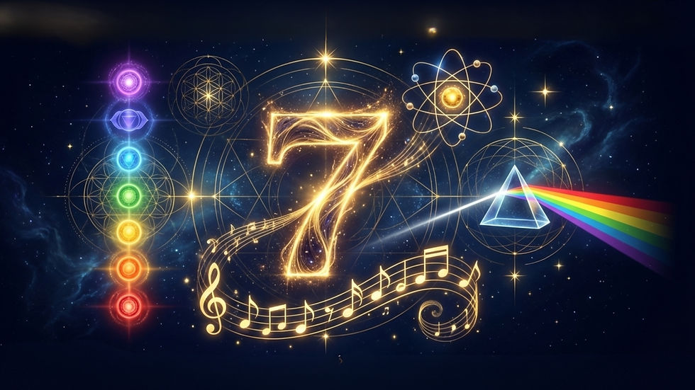 lustração simbólica do número 7 integrado aos sete chakras, às sete notas musicais, ao espectro de cores da luz e à geometria sagrada, representando o código do sete como padrão de organização do Tempo Natural e da consciência.