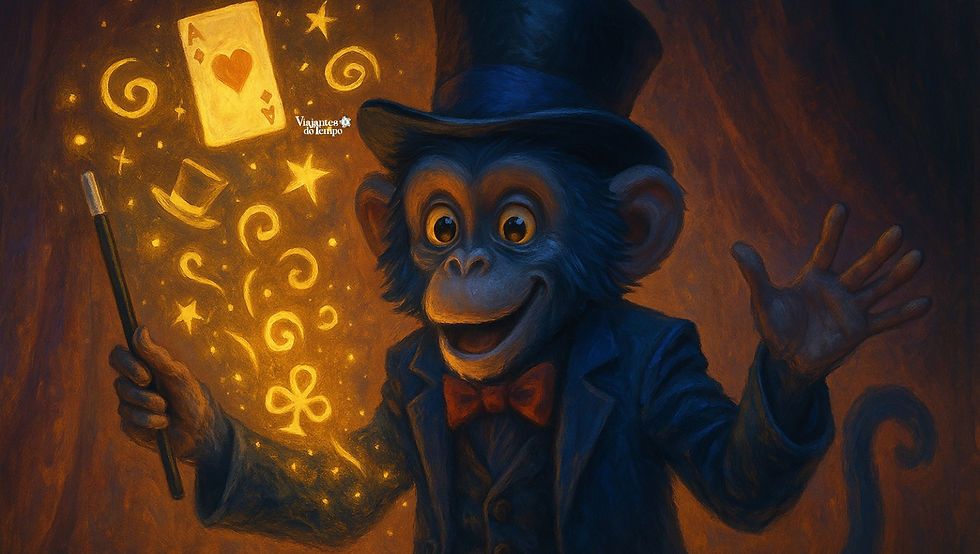 Macaco mágico com cartola e varinha, realizando truques em um cenário lúdico e encantador. Representa as qualidades do Selo do Macaco Azul na Lei do Tempo: brincar, ilusão e magia. Imagem simbólica da energia do Kin 131 e dos arquétipos galácticos do Tzolkin.