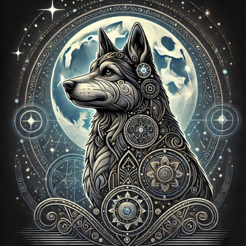 Arte mística do Totem Cachorro Galáctico representando a energia da lealdade, do amor incondicional e da entrega na Lua Planetária do Anel Solar 38. Ilustração em estilo espiritual cósmico, com mandalas, símbolos da Lei do Tempo e a presença da Lua cheia. Ideal para conteúdos sobre a Lei do Tempo, 13 Luas e autoconhecimento.